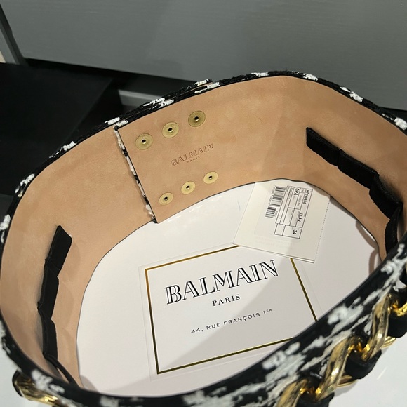 BALMAIN WOMENS BELT tweed and leather with gold chain details size 34 - Picture 4 of 8